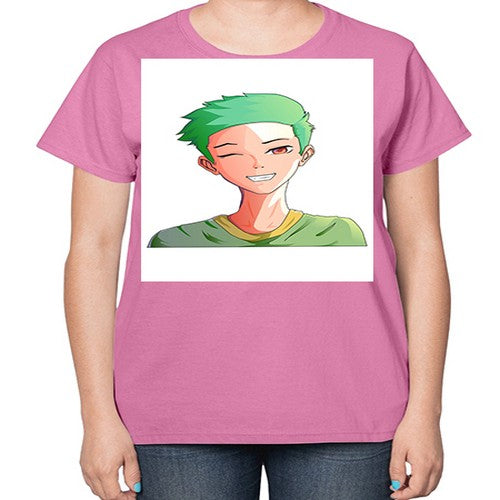 Handsome boy green hair wearing green shirt 35# - anime-  Ladies T-Shirt
