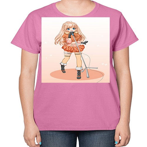 Happy and beautiful singer woman with microphone 160# - anime-  Ladies T-Shirt