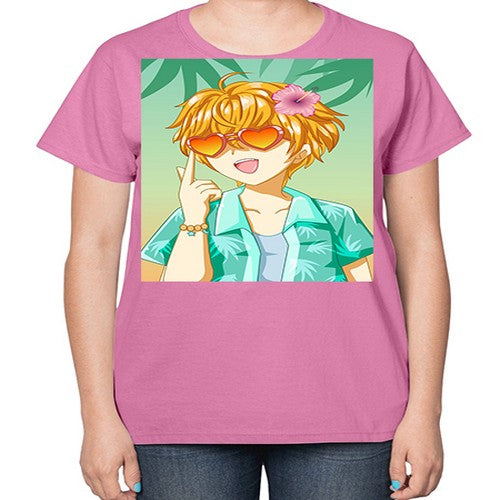 Happy and cute boy with glasses in beach in the summer 180# - anime-  Ladies T-Shirt