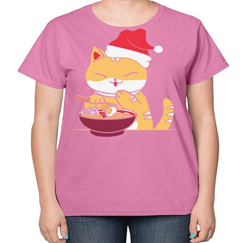 Xmas Kawaii Anime Shiba Inu Eating Ramen 289# - anime-  Ladies T-Shirt