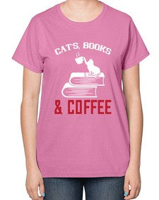 cats book and coffee Style 37# - cats-  Ladies T-Shirt