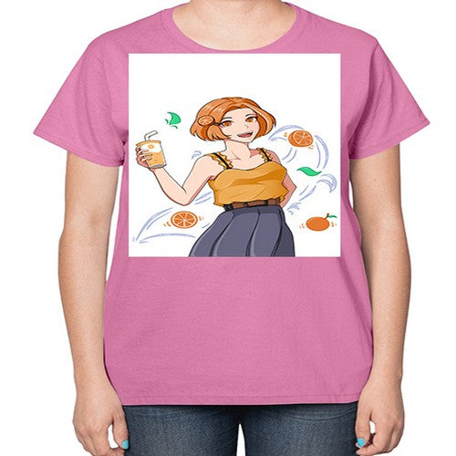 cute anime summer girl with orange juice28# - anime-  Ladies T-Shirt
