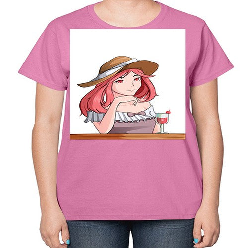 pretty woman with fresh juice in summer 37# - anime-  Ladies T-Shirt
