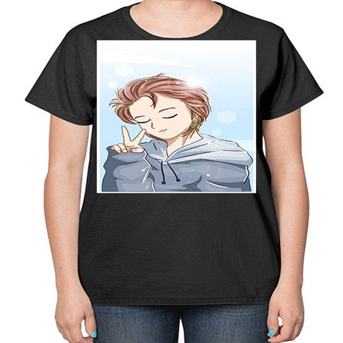 Cute boy brown hair with blue jacket 126# - anime-  Ladies T-Shirt