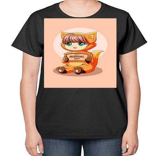Cute girl with animal costume in animal day text 137# - anime-  Ladies T-Shirt