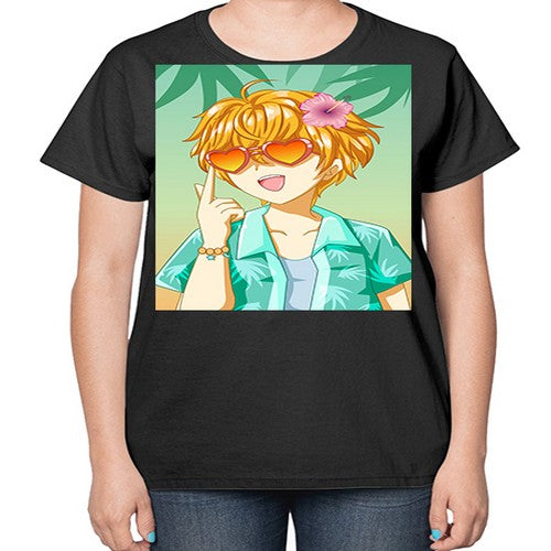 Happy and cute boy with glasses in beach in the summer 180# - anime-  Ladies T-Shirt