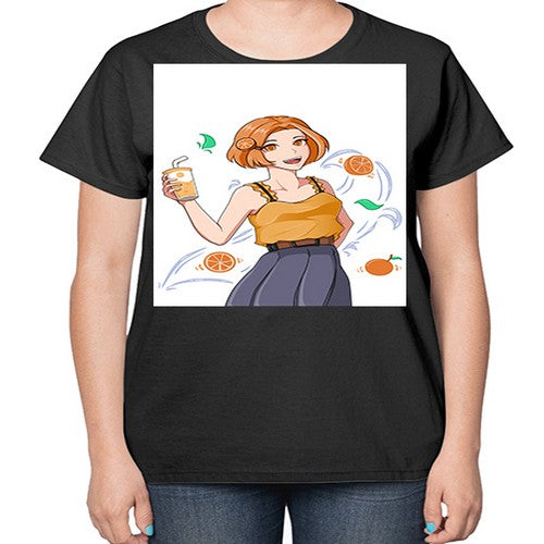 cute anime summer girl with orange juice28# - anime-  Ladies T-Shirt