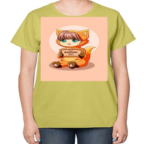 Cute girl with animal costume in animal day text 137# - anime-  Ladies T-Shirt