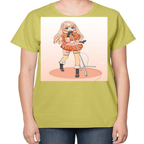 Happy and beautiful singer woman with microphone 160# - anime-  Ladies T-Shirt