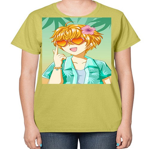 Happy and cute boy with glasses in beach in the summer 180# - anime-  Ladies T-Shirt