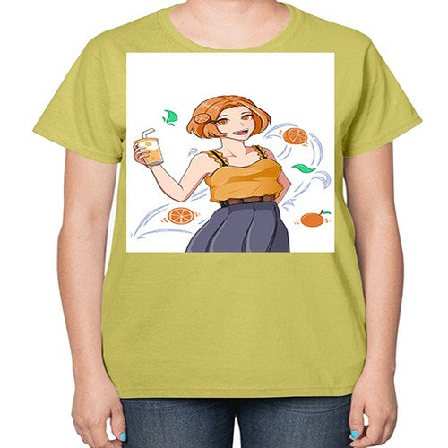 cute anime summer girl with orange juice28# - anime-  Ladies T-Shirt