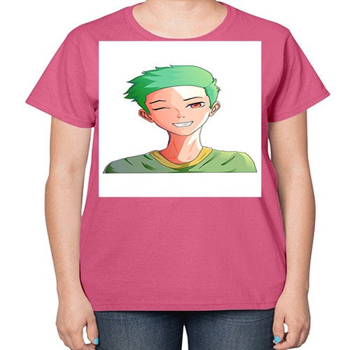 Handsome boy green hair wearing green shirt 35# - anime-  Ladies T-Shirt