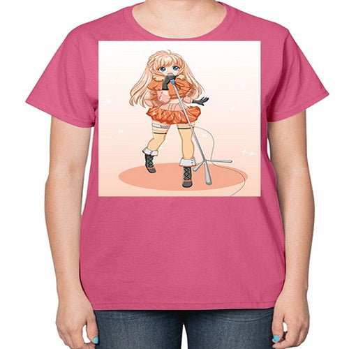 Happy and beautiful singer woman with microphone 160# - anime-  Ladies T-Shirt