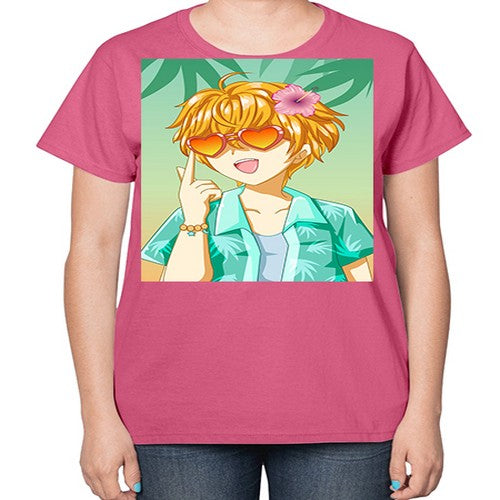 Happy and cute boy with glasses in beach in the summer 180# - anime-  Ladies T-Shirt