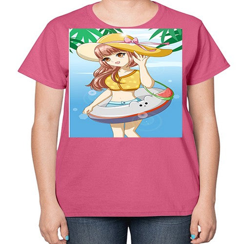 Happy and funny girl in beach with cute buoy in the summer 11# - anime-  Ladies T-Shirt