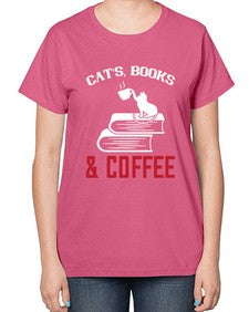 cats book and coffee Style 37# - cats-  Ladies T-Shirt