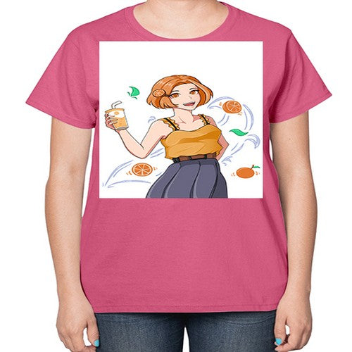 cute anime summer girl with orange juice28# - anime-  Ladies T-Shirt