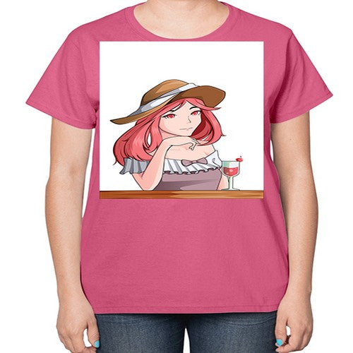 pretty woman with fresh juice in summer 37# - anime-  Ladies T-Shirt