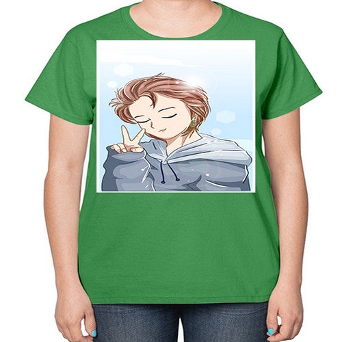 Cute boy brown hair with blue jacket 126# - anime-  Ladies T-Shirt