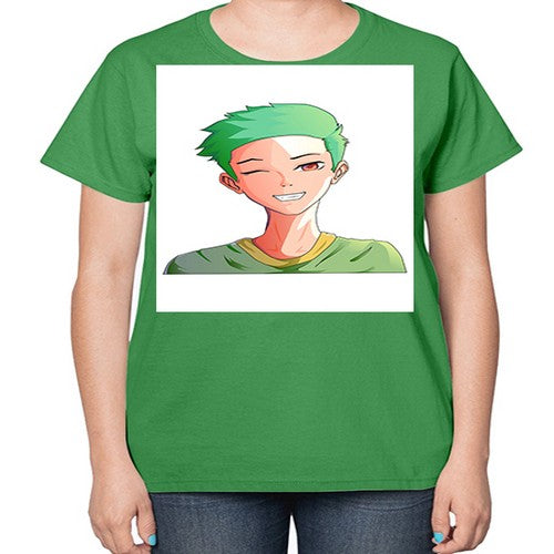 Handsome boy green hair wearing green shirt 35# - anime-  Ladies T-Shirt