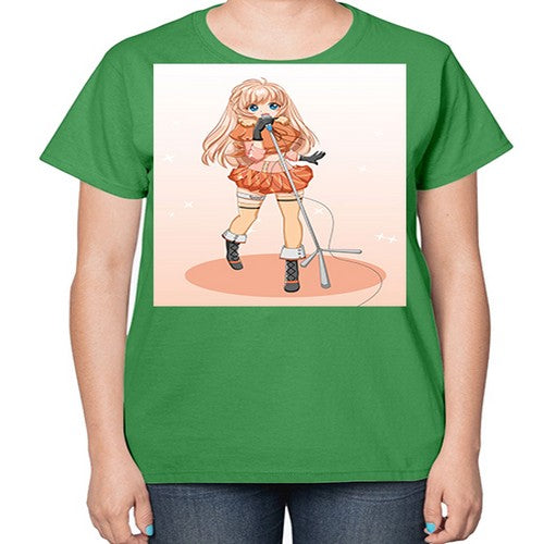 Happy and beautiful singer woman with microphone 160# - anime-  Ladies T-Shirt