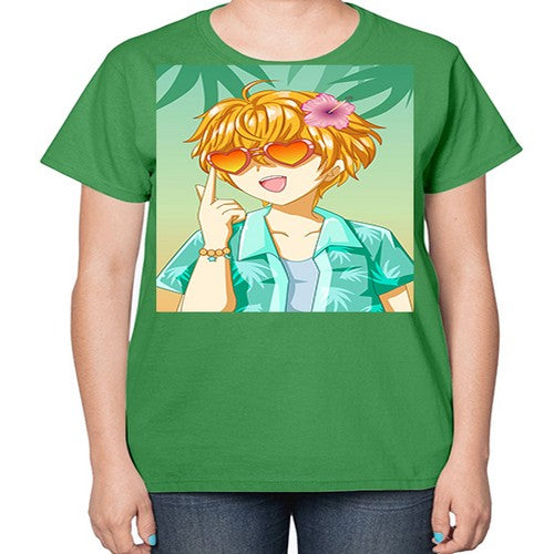 Happy and cute boy with glasses in beach in the summer 180# - anime-  Ladies T-Shirt
