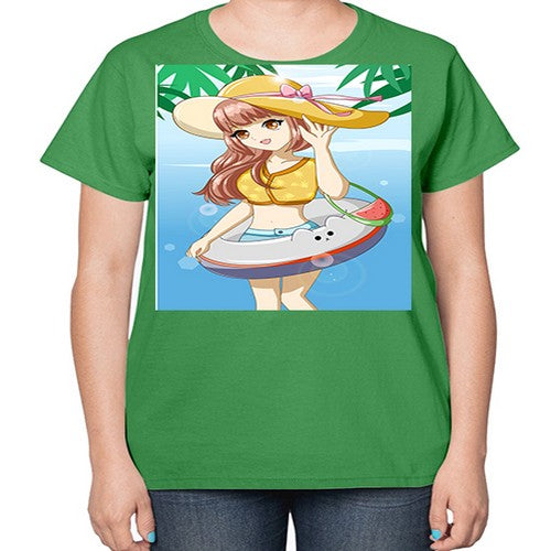 Happy and funny girl in beach with cute buoy in the summer 11# - anime-  Ladies T-Shirt