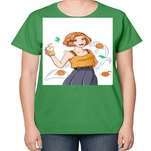 cute anime summer girl with orange juice28# - anime-  Ladies T-Shirt
