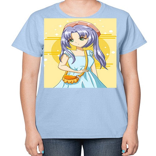 Cute and soft girl blue hair with blue dress in summer holiday 60# - anime-  Ladies T-Shirt