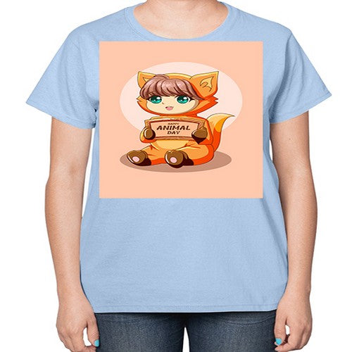 Cute girl with animal costume in animal day text 137# - anime-  Ladies T-Shirt