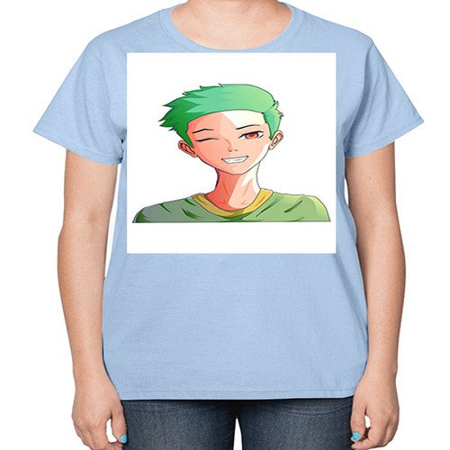 Handsome boy green hair wearing green shirt 35# - anime-  Ladies T-Shirt