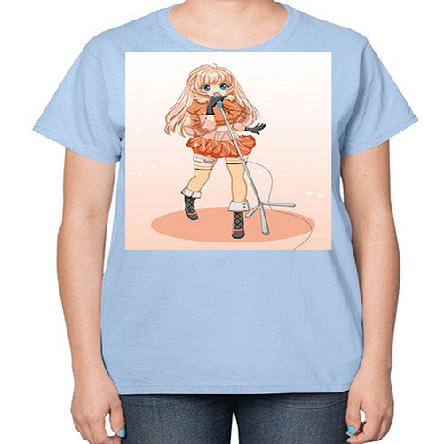 Happy and beautiful singer woman with microphone 160# - anime-  Ladies T-Shirt