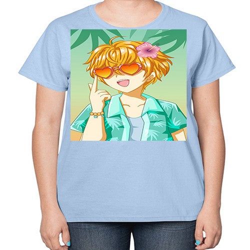 Happy and cute boy with glasses in beach in the summer 180# - anime-  Ladies T-Shirt
