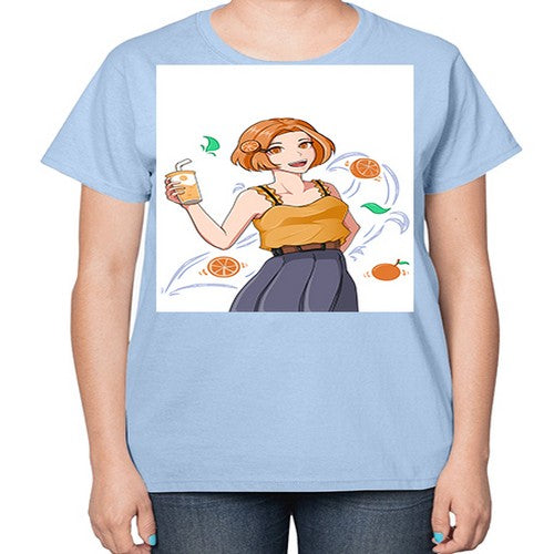 cute anime summer girl with orange juice28# - anime-  Ladies T-Shirt