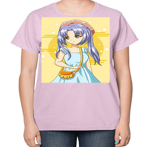 Cute and soft girl blue hair with blue dress in summer holiday 60# - anime-  Ladies T-Shirt