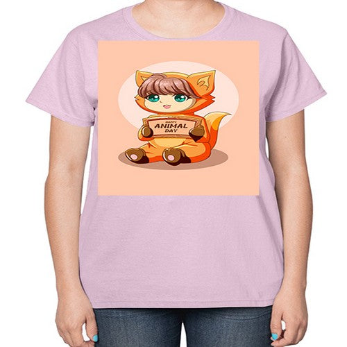 Cute girl with animal costume in animal day text 137# - anime-  Ladies T-Shirt
