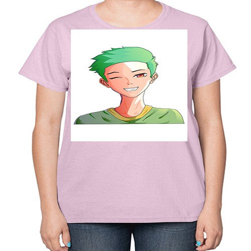 Handsome boy green hair wearing green shirt 35# - anime-  Ladies T-Shirt