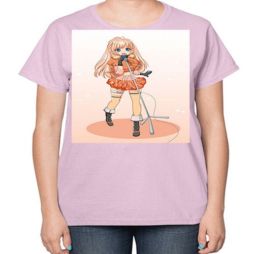 Happy and beautiful singer woman with microphone 160# - anime-  Ladies T-Shirt