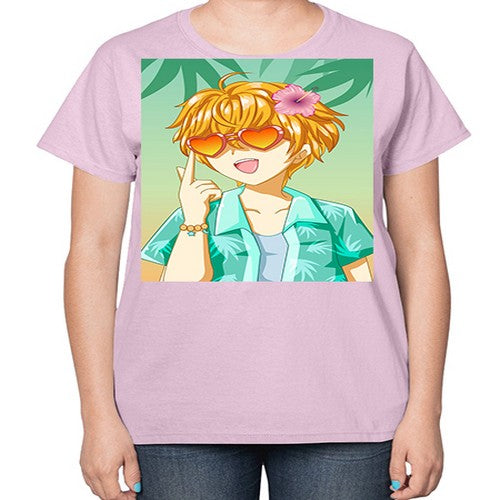 Happy and cute boy with glasses in beach in the summer 180# - anime-  Ladies T-Shirt