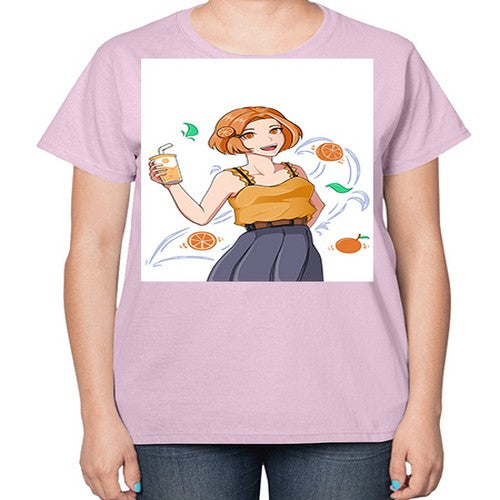 cute anime summer girl with orange juice28# - anime-  Ladies T-Shirt