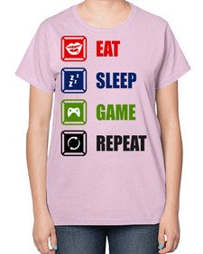 eat sleep game repeat 77# - video games-  Ladies T-Shirt