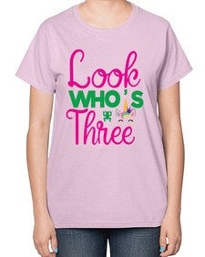look whos three 266# - unicorn-  Ladies T-Shirt