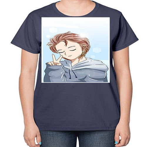 Cute boy brown hair with blue jacket 126# - anime-  Ladies T-Shirt