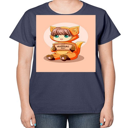 Cute girl with animal costume in animal day text 137# - anime-  Ladies T-Shirt