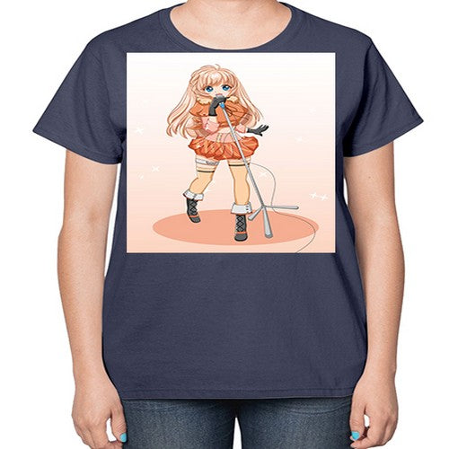 Happy and beautiful singer woman with microphone 160# - anime-  Ladies T-Shirt