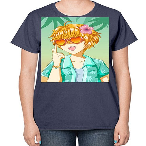 Happy and cute boy with glasses in beach in the summer 180# - anime-  Ladies T-Shirt