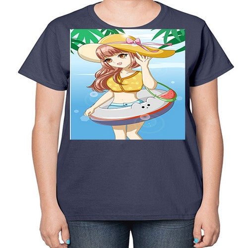 Happy and funny girl in beach with cute buoy in the summer 11# - anime-  Ladies T-Shirt