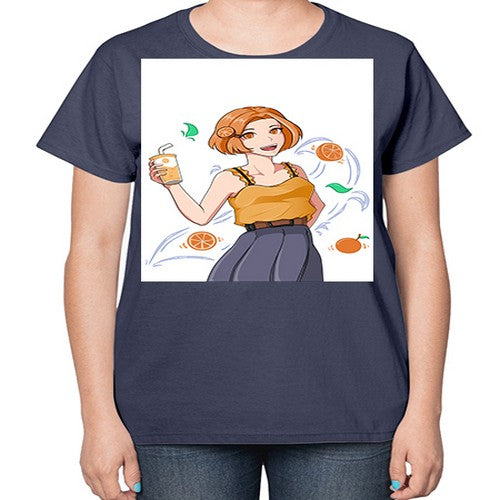 cute anime summer girl with orange juice28# - anime-  Ladies T-Shirt