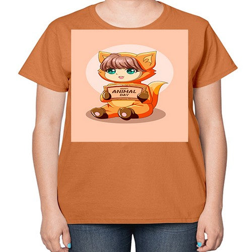 Cute girl with animal costume in animal day text 137# - anime-  Ladies T-Shirt