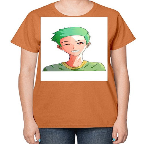 Handsome boy green hair wearing green shirt 35# - anime-  Ladies T-Shirt